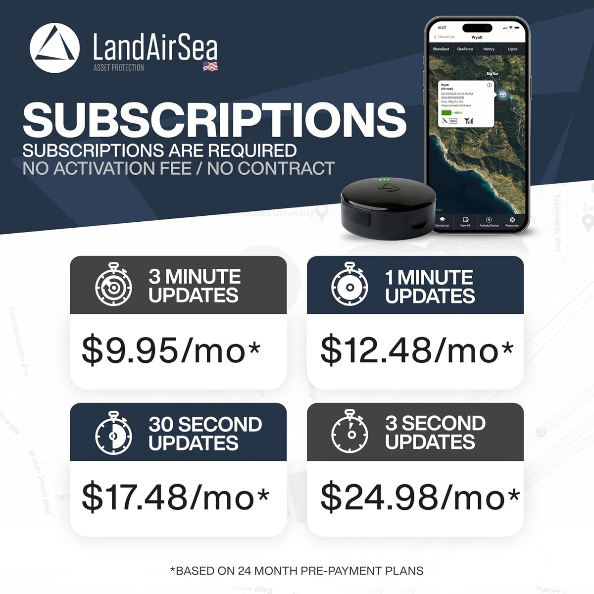 LandAirSea 54 GPS Tracker - Made in the USA from Domestic & Imported Parts. Long Battery, Magnetic, Waterproof, Global Tracking. Subscription Required
