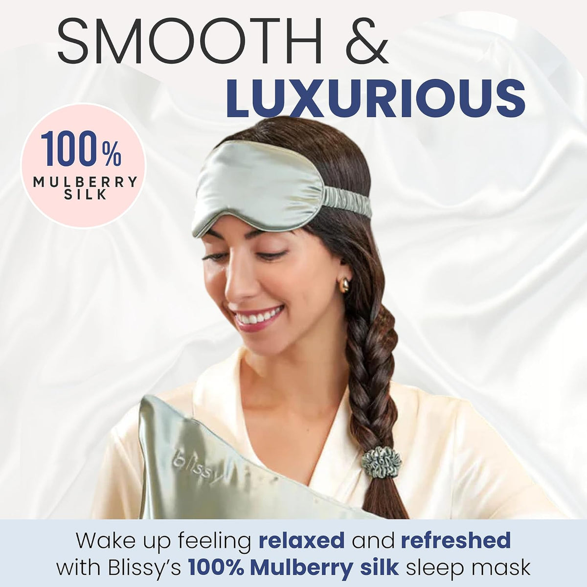 BLISSY Silk Sleep Mask - Mulberry Silk 22 Momme 6A Fibers - Complete Blackout - Hypoallergenic - Pull On - Matcha
