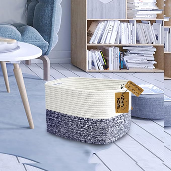 COMFY-HOMI 3 Pack Medium Cotton Rope Basket with Handles for Shelves, Dog Toy, Baby, Gift Organizing, Handwoven Craft - New Generation 13.5" x 11" x 9.5" (Navy Blue)