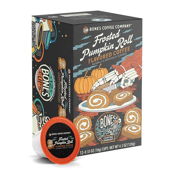 Bones Coffee Company Frosted Pumpkin Roll Flavored Coffee Pods, Low Acid Medium Roast Single-Serve Bones Cups, Compatible with 1.0 & 2.0 K-Cups Brewers Coffee Maker, 12 Count