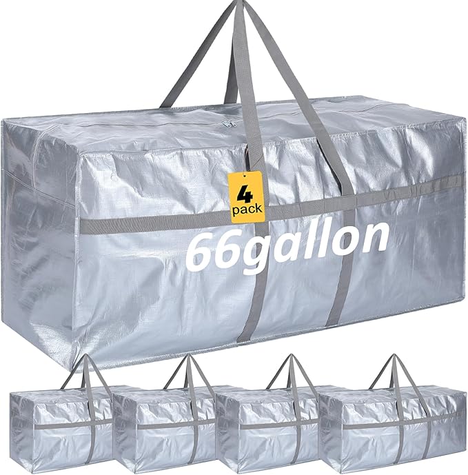 4 Pcs 66 Gallon Large Moving Bags with Zipper and Handles Foldable Storage Duffle Bags Heavy Duty Extra Large Totes for College Dorm Travel Clothes Blankets Bedding Moving (Silver)