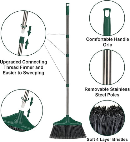 4 PCS Heavy Duty Broom Outdoor/Indoor Commercial Broom with 61" Long Handle,Perfect for Home Garage Kitchen Office Lobby Room Floor,Black and Green