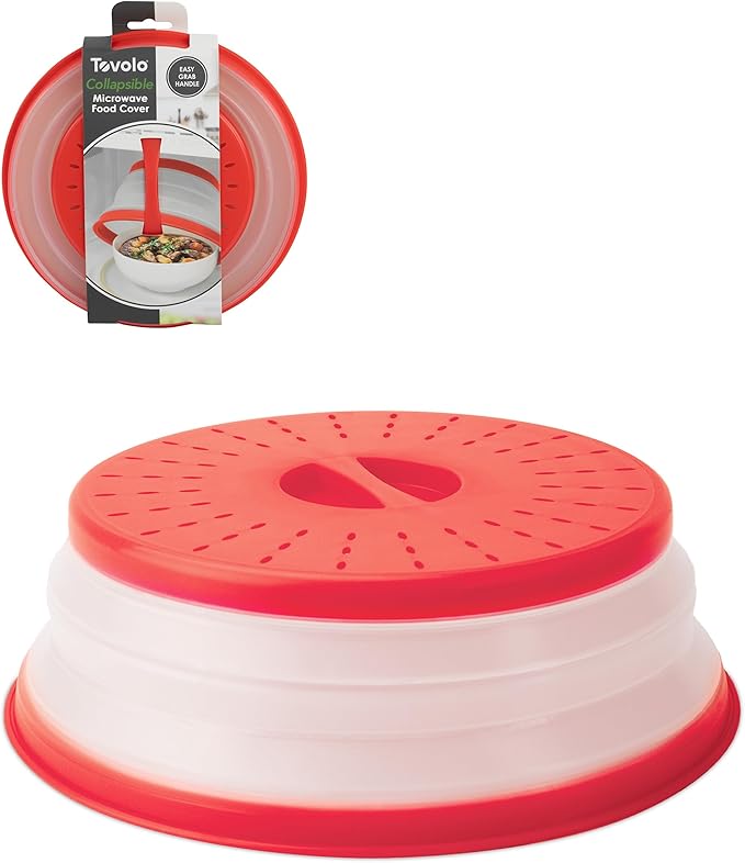 Tovolo Microwave Splatter Cover for Food, Medium (Candy Apple Red) - Collapsible & Vented Silicone Splatter Guard Lid - Microwave Plate & Dish Cover with Handle - BPA-Free Kitchen Gadget for Meal Prep