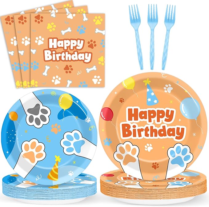 96Pcs Blue Dog Happy Birthday Party Supplies Cartoon Puppy Paper Plates and