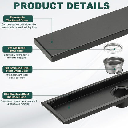 uxcell Rectangular Shower Drain, Brushed 304 Stainless Steel Odor-Proof Floor Drain Linear Shower Drain Hair Catcher for Bathroom Kitchen and Laundry Room(16 Inch, Black)