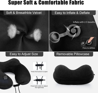 urophylla Inflatable Travel Neck Pillow for Airplanes, Super Soft Velvet Neck Support, Adjustable Firmness, Blow Up Plane Pillow for Long Flights, Road Trips, Travel Essentials with Eye Mask, Earplug