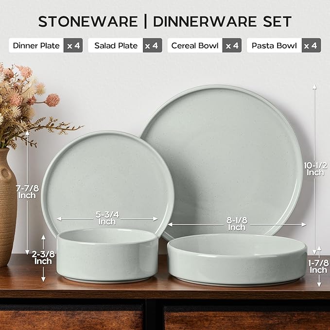 Onader Speckled Dinnerware Set for 4 with Pasta Bowl, 16 Piece Stoneware Plates and Bowls Dishes Set, Microwave & Dishwasher Safe – Pale Sage Green