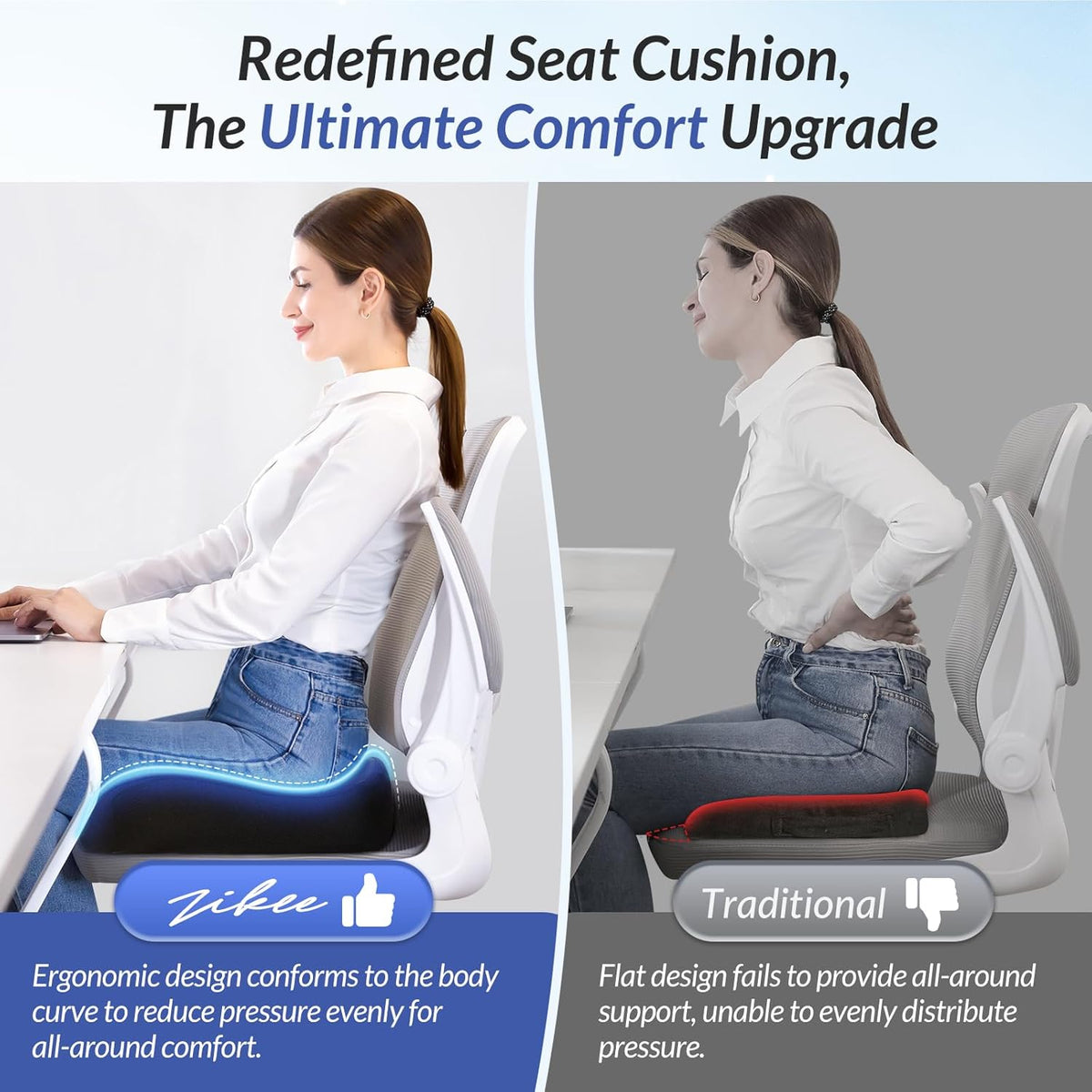 ZIKEE Pioneering Seat Cushion for Pressure Relief, Ergonomic Office Chair Cushion for Sciatica, Back, Hemorrhoids & Tailbone Pain Relief, High-Density Memory Foam Car Seat Cushion with Anti-Slip Base
