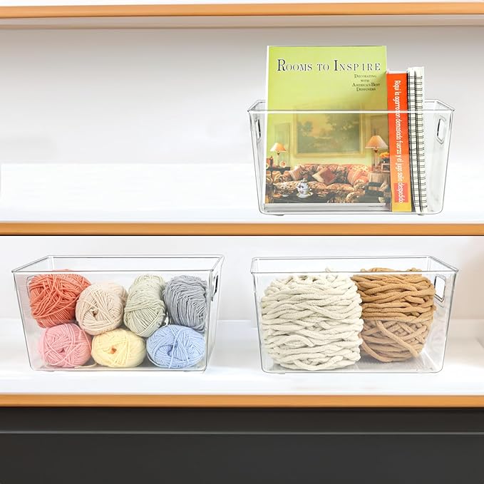 4pcs Clear Storage Bins Clear Storage Containers for Kitchen Pantry Organization, Organizing Bins with Built in Handles, Cabinet Organizers