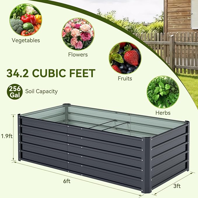 Ohuhu 6x3x1.9FT Metal Raised Garden Bed Outdoor, Reinforced Galvanized Steel