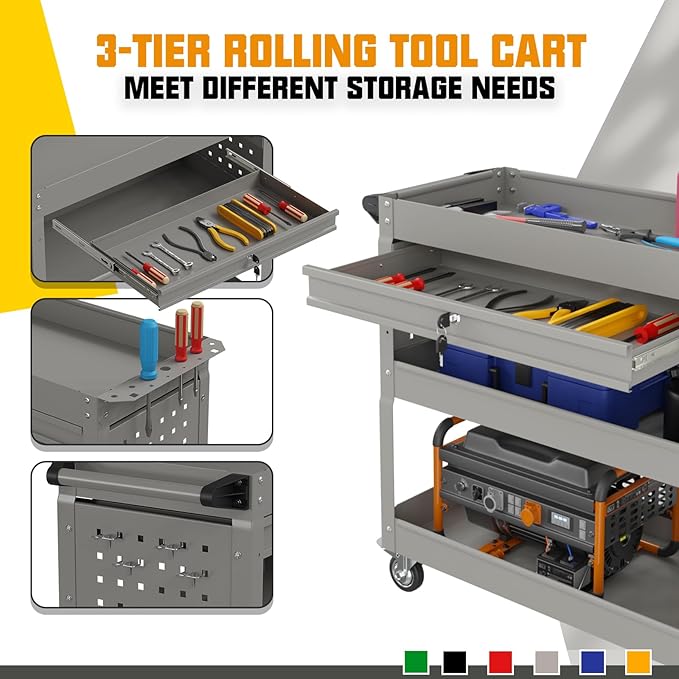 3 Tier Rolling Tool Cart with Drawers, 450 LBS Capacity Tool Cart on Wheels, Heavy Duty Rolling Utility Cart with Drawers, Rolling Utility Carts for Garage, Warehouse and Repair Shop,Gray