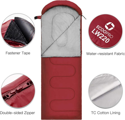 ECOOPRO Warm Weather Sleeping Bag - Portable, Waterproof, Compact Lightweight, Comfort with Compression Sack - Great for Outdoor Camping, Backpacking & Hiking-83 L x 30" W Fits Adults