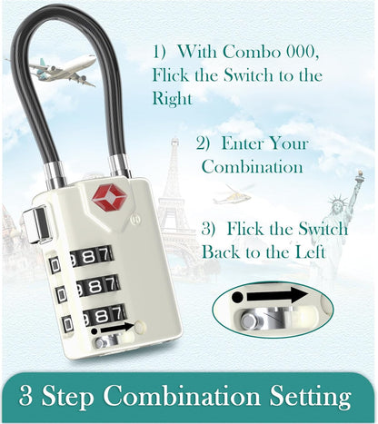 Search Alert TSA Approved Travel Combination Luggage Cable Locks for Suitcase, Gym Locker,Toolbox,Backpack 1,2,4,6 &10 pk (White 2 Pack)