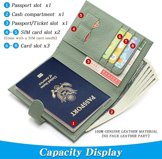 Passport Holder for Travel Women RFID Blocking Genuine Leather Passport Wallet with Card Slots, Zipper Coins Pocket, Cash Holder, Green