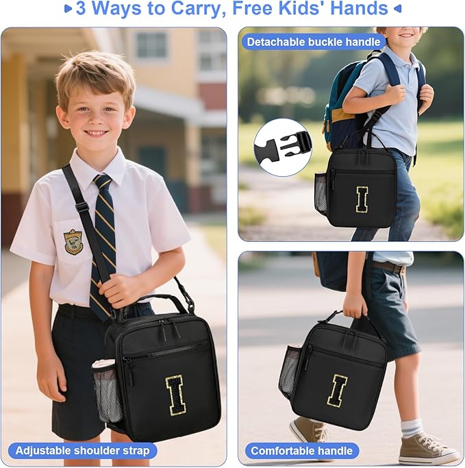 Initial Insulated Lunch Bag for Boys Kids, Back to School Gift, Reusable Leak-proof Lunch Box with Adjustable Strap for School Daycare Travel Picnic（Black，I）