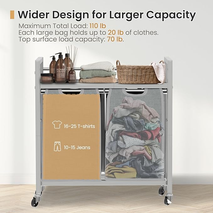 Laundry Hamper, Laundry Basket, Laundry Sorter with 3 Removable Bags, Clothes Basket with 3 Compartments, Wheels, Shelf for Laundry Room Bathroom Bedroom (2 Bags-Gray)