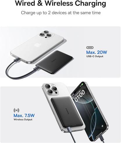 Baseus Picogo Power Bank, 0.3" Ultra Slim 5000mAh MagSafe Portable Charger, Card-Size Magnetic Battery Pack with USB-C Braided Cable, Alloy Wireless Charger for iPhone 17 Pro Max/17 Air/16/15/14/13/12
