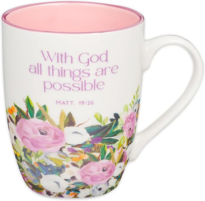 Christian Art Gifts Inspirational Ceramic Coffee & Tea Scripture Mug for Women: All Things are Possible Encouraging Bible Verse, Cute Microwave & Dishwasher Safe Drinkware, White & Pink Floral, 12 oz.