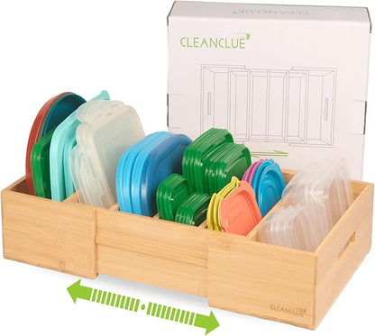 Expandable Kitchen Cabinet Organizer for Food Storage Container Lids, Bamboo Drawer Caddy Adjustable Dividers, Box for Kitchen Storage and Organization, Lids Organizer for Cabinet (Natural)