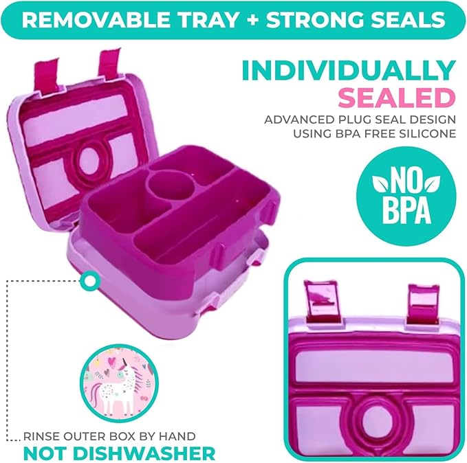 Bento Lunch Box Kids Toddlers: Leakproof Lunch Containers for Boys & Girls with 4 Compartments - School, Daycare, Pre-School, Snack Container with Lid Utensil, BPA-Free Boxes, Age 3+, Pink Unicorn