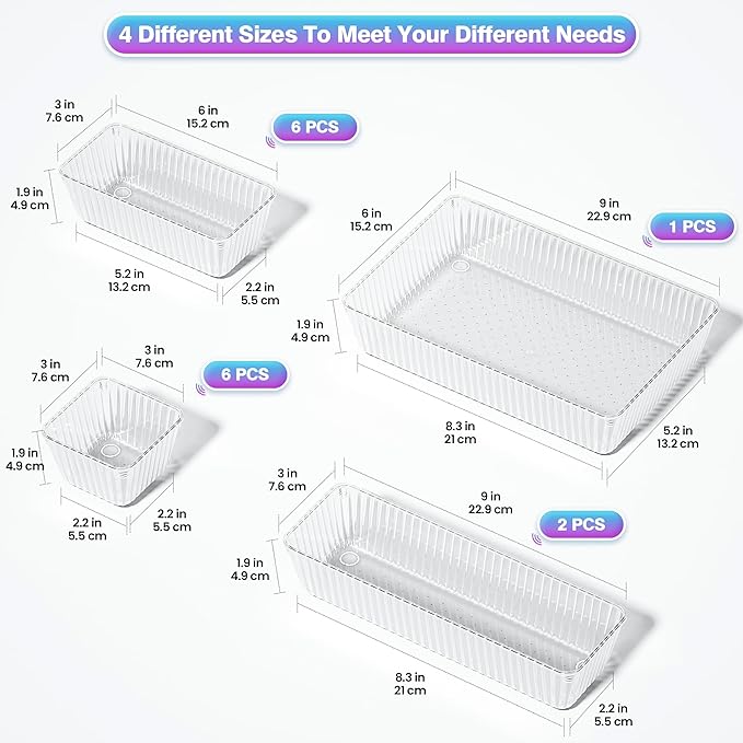 15 PCS Clear Plastic Drawer Organizer Set - 4 Sizes Makeup Organizer Desk Drawer Divider Bathroom Organizers and Storage Bins for Makeup, Jewelry, Gadgets, Office, Kitchen, Bedroom, Bathroom