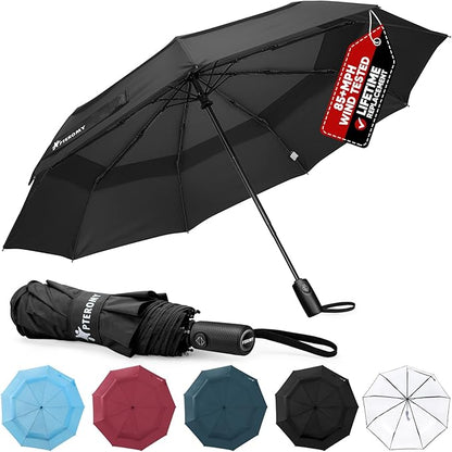 PTEROMY Windproof Compact Travel Umbrellas for Rain and Sun, Withstands 85MPH Winds Auto Open Close Folding Umbrella with Ergonomic Handle, Quick Dry Canopy for Commuting or Backpack