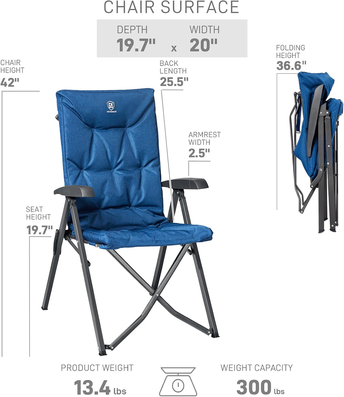EVER ADVANCED Folding Padded Camping Chair 4 Positon Adjustable Recliner with High Back Support Portable for Adults, 300lbs Weight Capacity, Blue