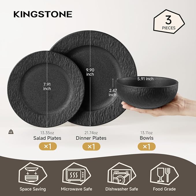 Black Dinnerware Sets, 3-Piece plates and bowls sets, Matte Marble | Premium