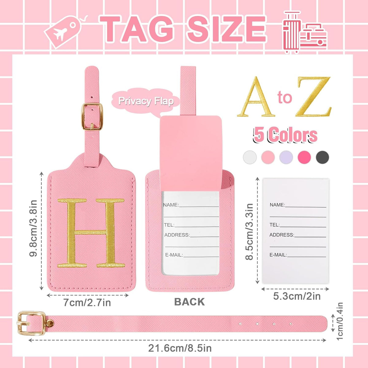 Personalized Initial Luggage Tags for Suitcase, Pink Leather Cute Luggage Tags with Privacy Cover Name Card, Embroidered Custom Monogrammed Luggage Tag Travel Bag Baggage Tags Gifts for Women Kids(H)