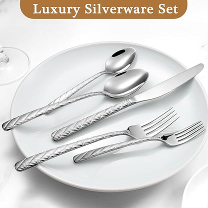 Luxury Hammered Silverware Set, 30 Pieces Flatware Set Service for 6, 18/10 Premium Stainless Steel, Mirror Polished Cutlery Utensil Set Include Fork Knife Spoon Set Dishwasher Safe