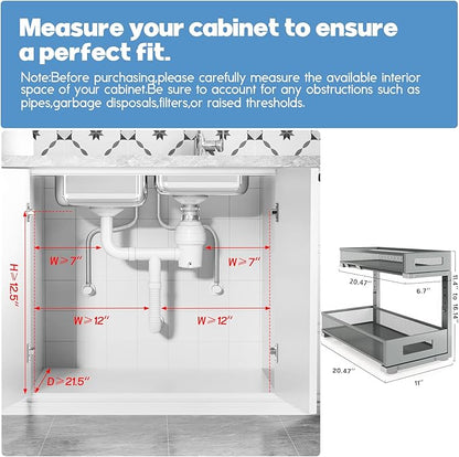 2 Pack 20.47IN Depth Under Sink Storage Organizer, Large 2-Tier Elegant Mesh Pull Out Shelf for Kitchen and Bathroom Cabinet Organization, L-Shaped and Adjustable Height Design-Gun Gray
