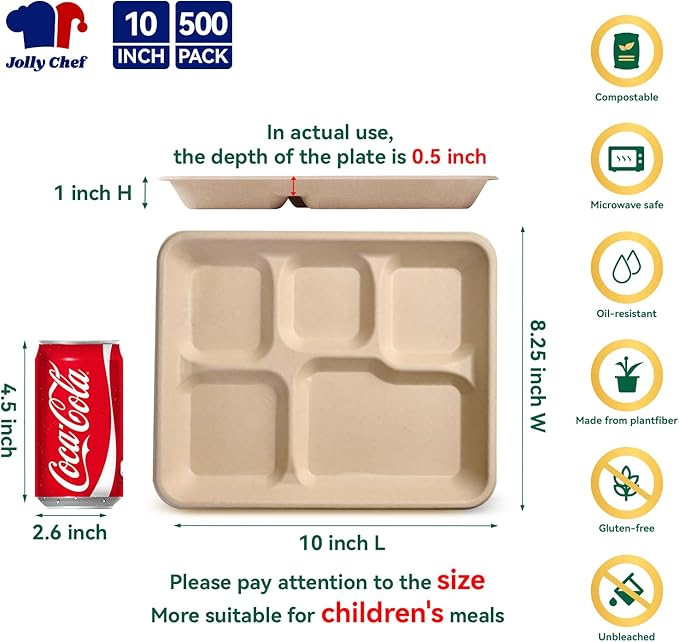 JOLLY CHEF Compostable 𝟱 Compartment Paper Plates 10*8.25*1 𝗶𝗻𝗰𝗵 [𝟱𝟬𝟬 𝗣𝗮𝗰𝗸] Small Heavy Duty Divided Disposable Eco-Friendly Biodegradable Food Trays for School Thanksgiving Day(Brown)
