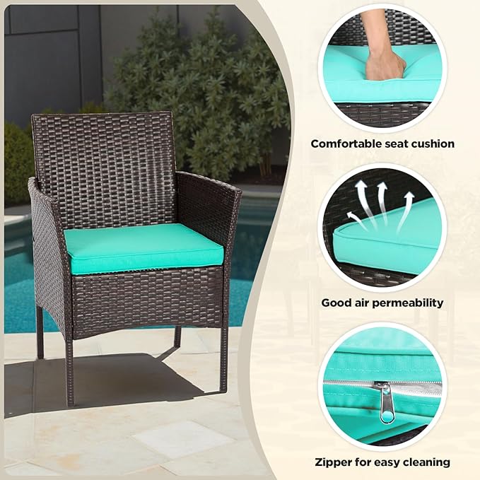 FDW | 4-Piece Patio Furniture Set | Brown & Blue | Outdoor Wicker Furniture