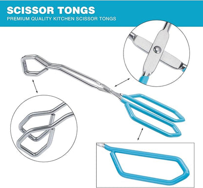 MSY BIGSUNNY Stainless Steel Scissor Tongs Heavy Duty Cooking Tongs with Soft Handles (1, blue 11")