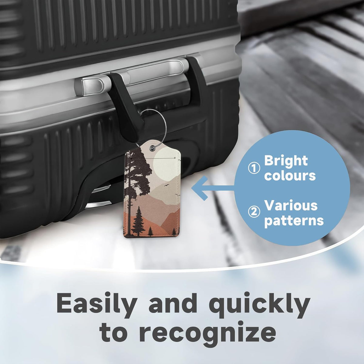 2 Pack Luggage Tag for Suitcase, Landscape Pine Trees Mountains Leather Bag Tags Identifiers Privacy Cover ID Label with Durable Steel Loop for Women Men Kids Girls Travel
