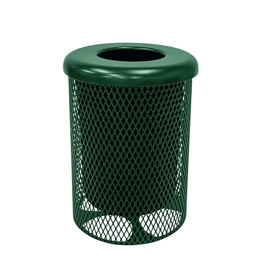 COATEDOUTDOORFURNITURE RFT-GRN Heavy Duty 32 Gallon Round Trash Receptacle, Liner Included, Green with Black Flat Top, Made in America