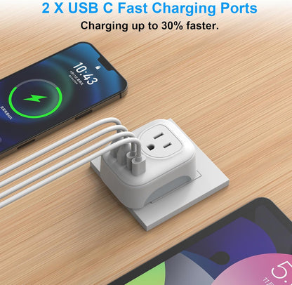 European Travel Plug Adapter, International Plug Adapter with 2 AC Outlets 4 USB Ports(2 USB C), Type C Europe Power Plug Charger for US to Europe EU France Spain Germany Iceland Italy