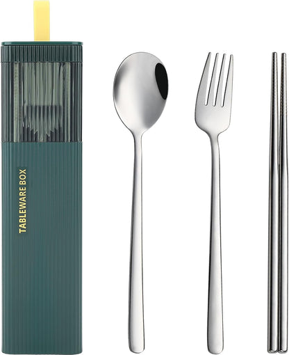 DEVICO Travel Utensils with Case, 18/8 Stainless Steel Reusable Silverware Set for Lunch Box, Portable Cutlery Set, Fork and Spoon Set for Camping, Lunch, Picnic, Workplace, School (Dark Green)