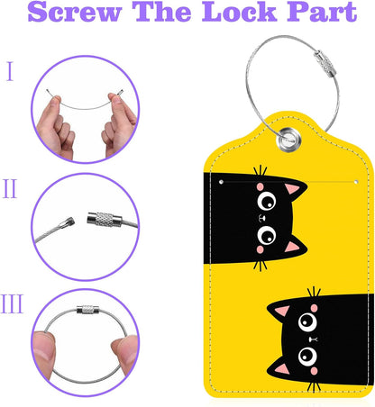 Set of 2 Luggage Tags Two Black Kitten Face Head Leather Suitcases Tag with Privacy Cover Stainless Steel Loop and Address Card for Women Men Travel