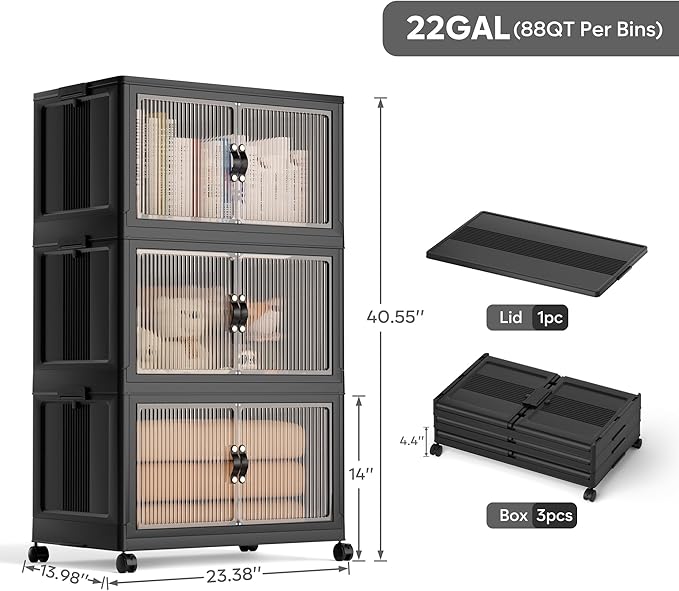 Jalove 88QT Plastic Storage Bins with lids, Stackable Collapsible Storage Containers with Wheels, Closet Organizer and Storage Drawers, Clothes Storage Cabinet for Home Office Garage, 3 Pack Black