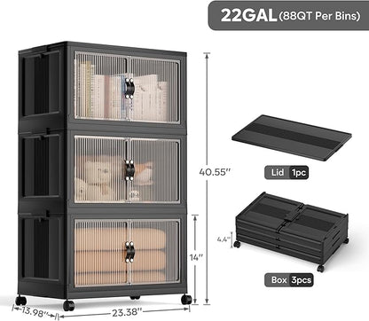 Jalove 88QT Plastic Storage Bins with lids, Stackable Collapsible Storage Containers with Wheels, Closet Organizer and Storage Drawers, Clothes Storage Cabinet for Home Office Garage, 3 Pack Black