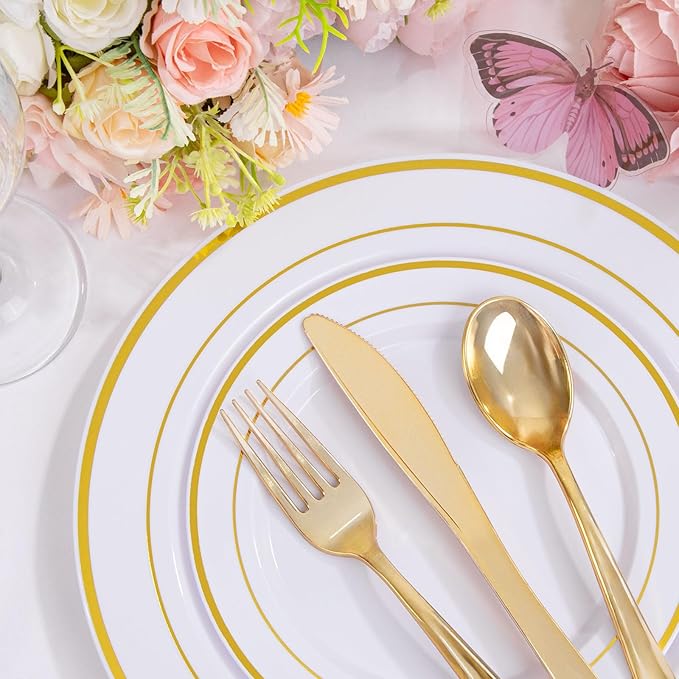 Supernal 102pcs White and Gold Plastic Plates Disaposable Party Plates White Gold Rim Heavy duty, Fancy Gold Plastic Dinnerware Set included 51 Dinner & Dessert Plates for Party,Birthday and Wedding