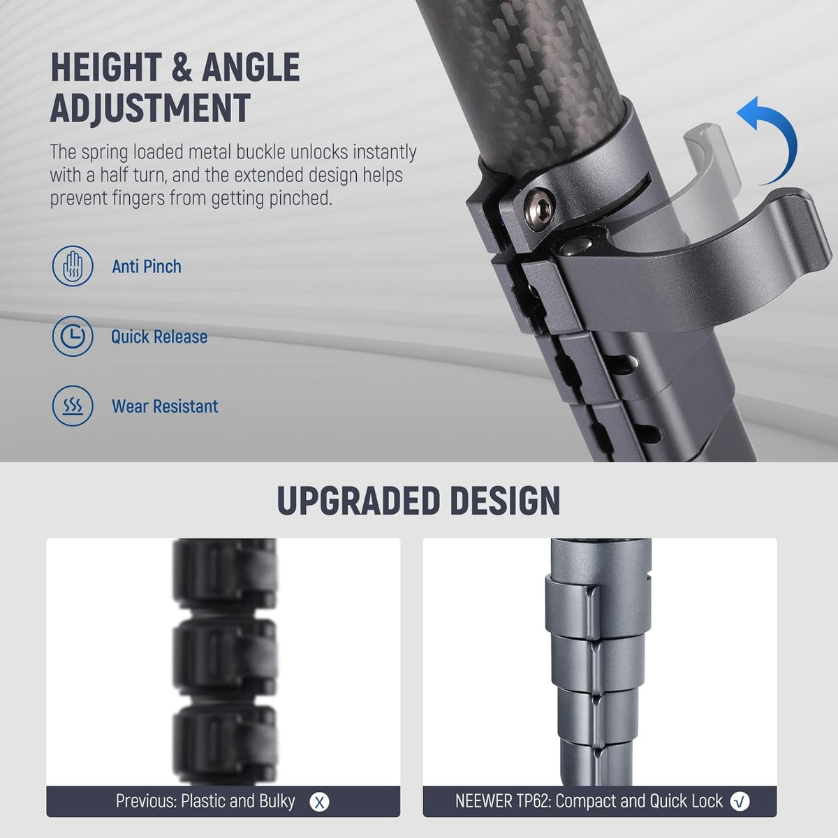 NEEWER LITETRIP LT32 62" Travel Tripod Carbon Fiber with ±15° Leveling Base, Detachable Center Axis, Fast Flip Buckle, 360° Pan Arca Type QR Plate Compatible with Peak Design Capture V3 (Former TP62)