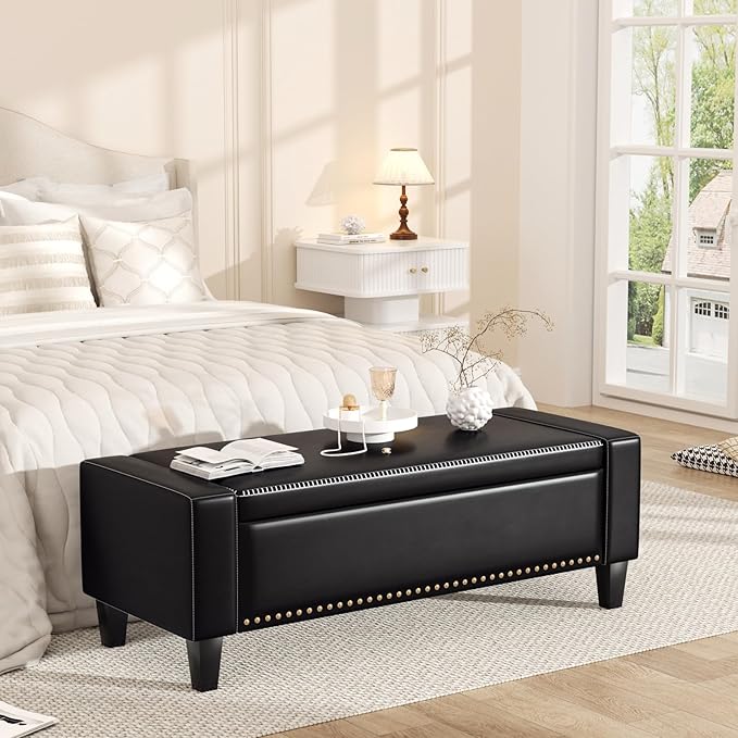 48.8" Storage Ottoman Bench Black | Faux Leather Bedroom Bench with Lift Top for Living Room & Bed End