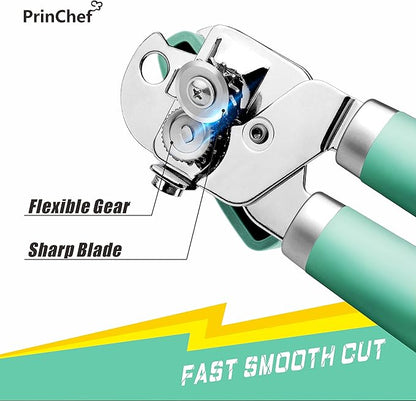 PrinChef Can Opener Manual, Can Tin Bottle Opener with Magnet - No-Trouble-Lid-Lift, Handheld Can Opener Smooth Edge with Sharp Blade, Heavy Duty and Easy to Use, for Seniors with Arthritis, Green