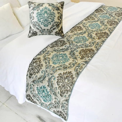 The HomeCentric King/Queen/Twin Blue Designer Twin 53"x18" Bed Runner with 2 Pillow Cover, Damask Bed Scarf on Jacquard Fabric - Royal Elegance