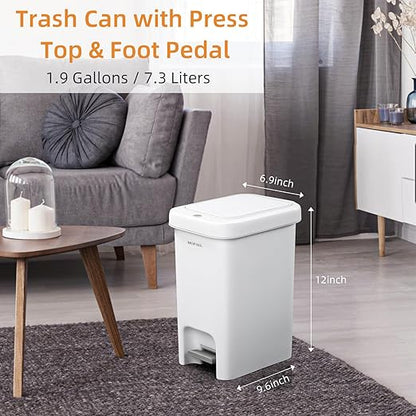 MOPALL Slim Bathroom Trash Can with Lid Soft Close, Garbage Can with Pop-Up Lid & Step On Foot Pedal, Small Trash Bin Trashcan Waste Basket for Toilet, Office, Bedroom, Kitchen, Living Room 1.9 Gallon
