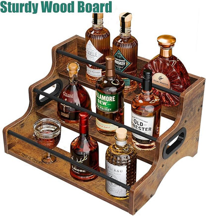 AT-VALY 3-Tier Spice Rack, Iron&MDF Kitchen Storage Shelf, Space-Saving Countertop Organizer for Spices, Herbs, Seasonings, Sturdy Stylish Condiment Holder,Countertop Wine Rack (Rustic Brown)