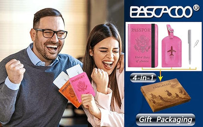 Passport Holder With Luggage Tag Travel Essentials Passport Cover Wallet RFID Blocking Leather Case International Must Haves Travel Accessories Women Men(115#Pink)