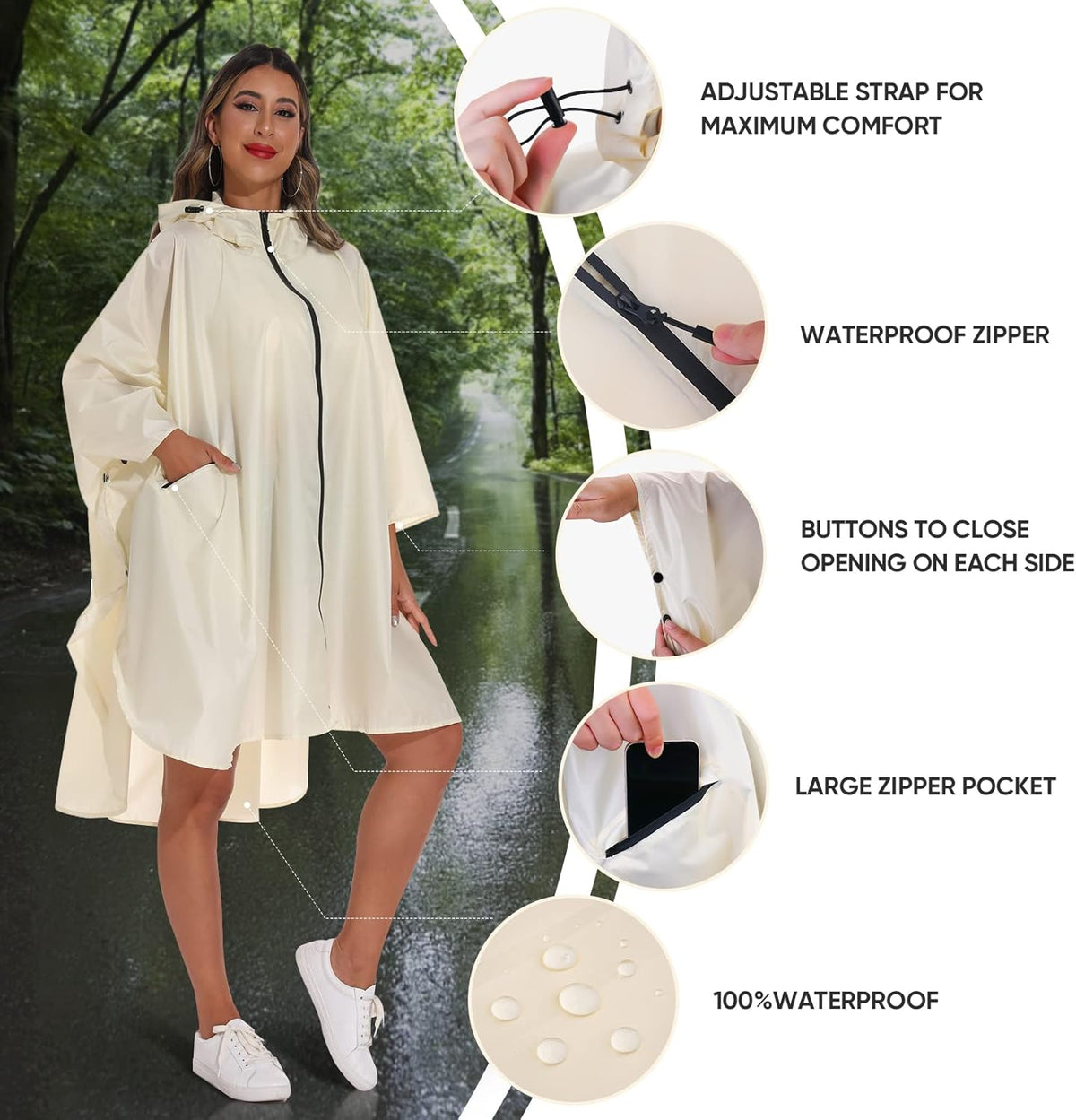 PTEROMY Hooded Rain Poncho for Adult with Pocket and Zipper, Waterproof Lightweight Raincoat for Men and Women